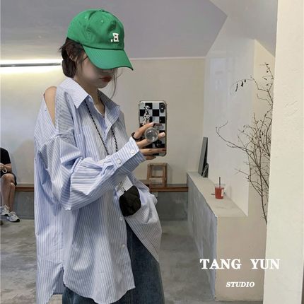 TANG女装韩风chic宽松长袖蓝色露肩条纹长袖衬衫设计感小众上衣