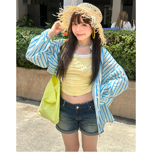 TANG自制韩版彩色条纹长袖衬衫女2025夏季宽松休闲百搭防晒衬衣潮