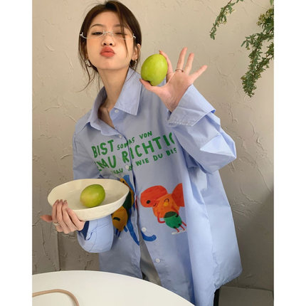 TANG欧货长袖衬衫女春秋2025新款胖mm韩版宽松设计感印花外套上衣