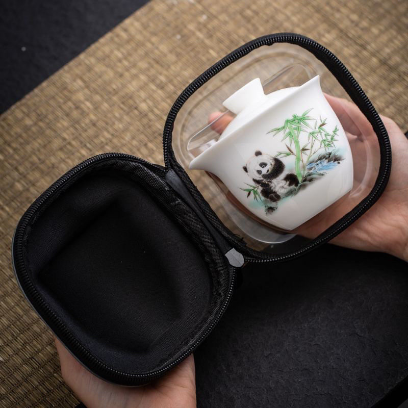 熊猫旅行茶具套装户外旅游便携式泡茶白瓷快克杯一壶三杯套装