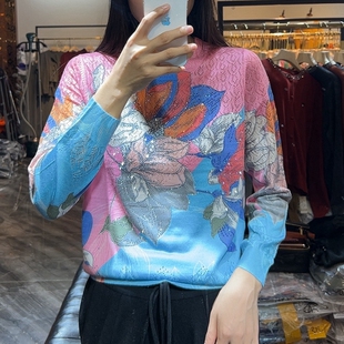 古嘉子2025新款圆领长袖薄毛衣烫钻天丝羊毛印花针织衫上衣女9629