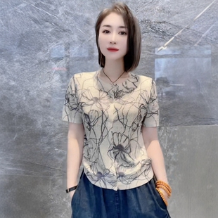 古嘉子2026春夏针织开衫圆领短袖女印花天丝亚麻烫钻镂空上衣2585