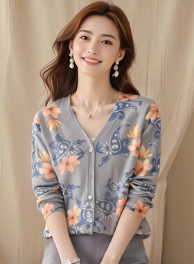 古嘉子2025春装薄款长袖印花烫钻针织衫上衣V领天丝羊毛开衫22121