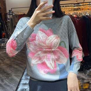 古嘉子新款春季女装薄款圆领天丝羊毛衫妈妈印花针织衫上衣女9621