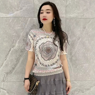 上衣印花烫钻天丝亚麻镂空针织衫 古嘉子圆领短袖 6068 新款 2025夏季