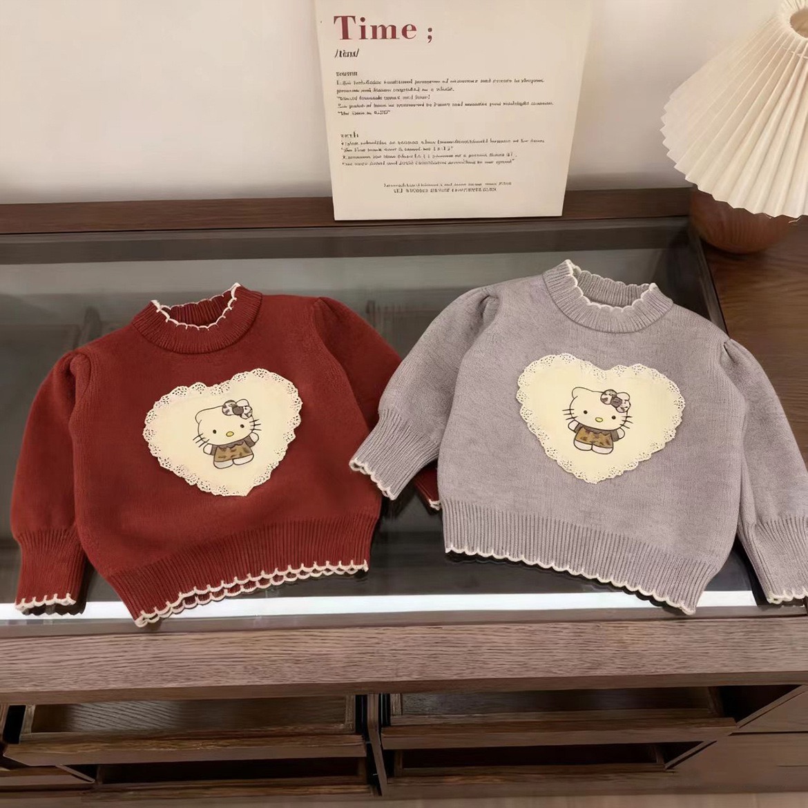 女童洋气加绒毛衣年服小女孩心形KT猫针织衫内搭套头圆领上衣线衫