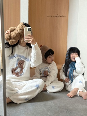 亲子母女母子装半边绒睡衣儿童卡通星星小熊加厚保暖家居服套装潮