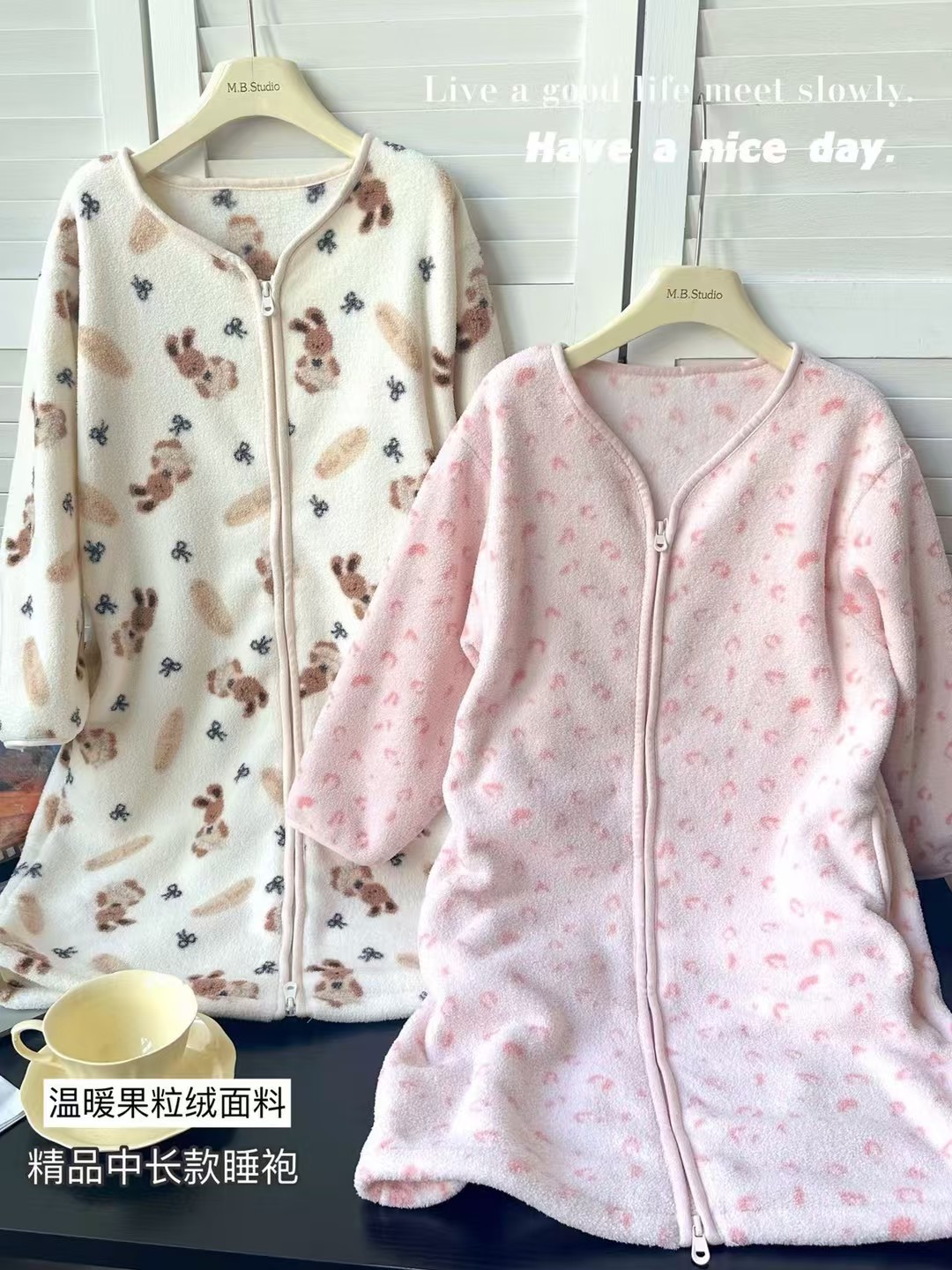 亲子装睡衣浴袍小女孩中长款家居睡袍双面果粒绒保暖加厚居家服冬