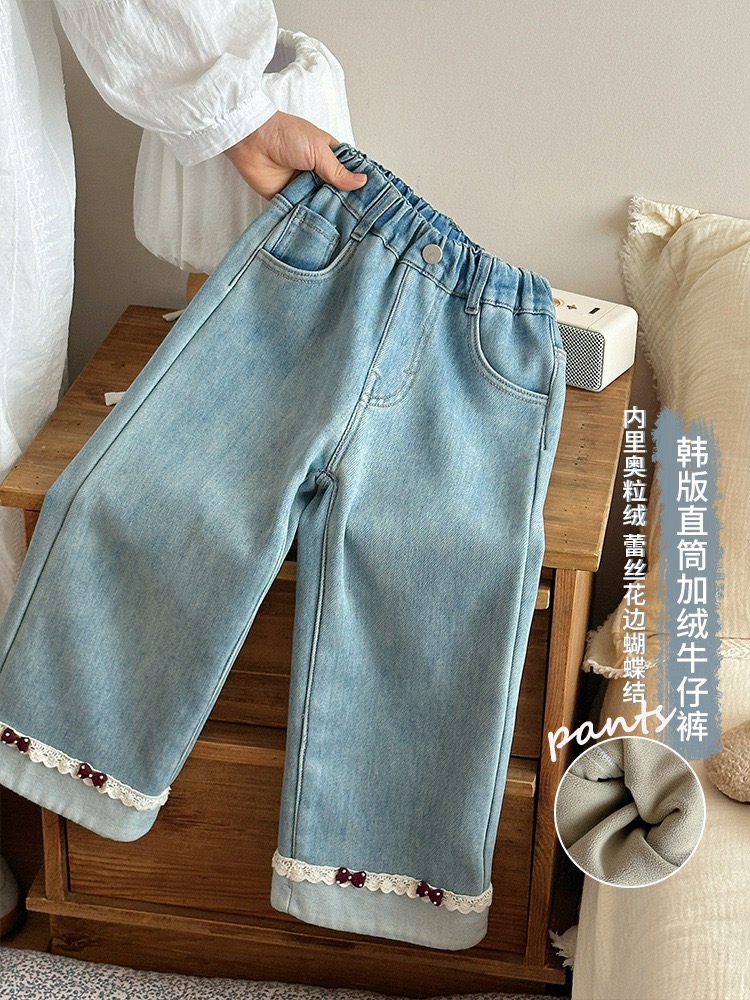 女童韩版直筒加绒牛仔裤秋冬洋气中童一体绒加厚保暖休闲水洗裤子