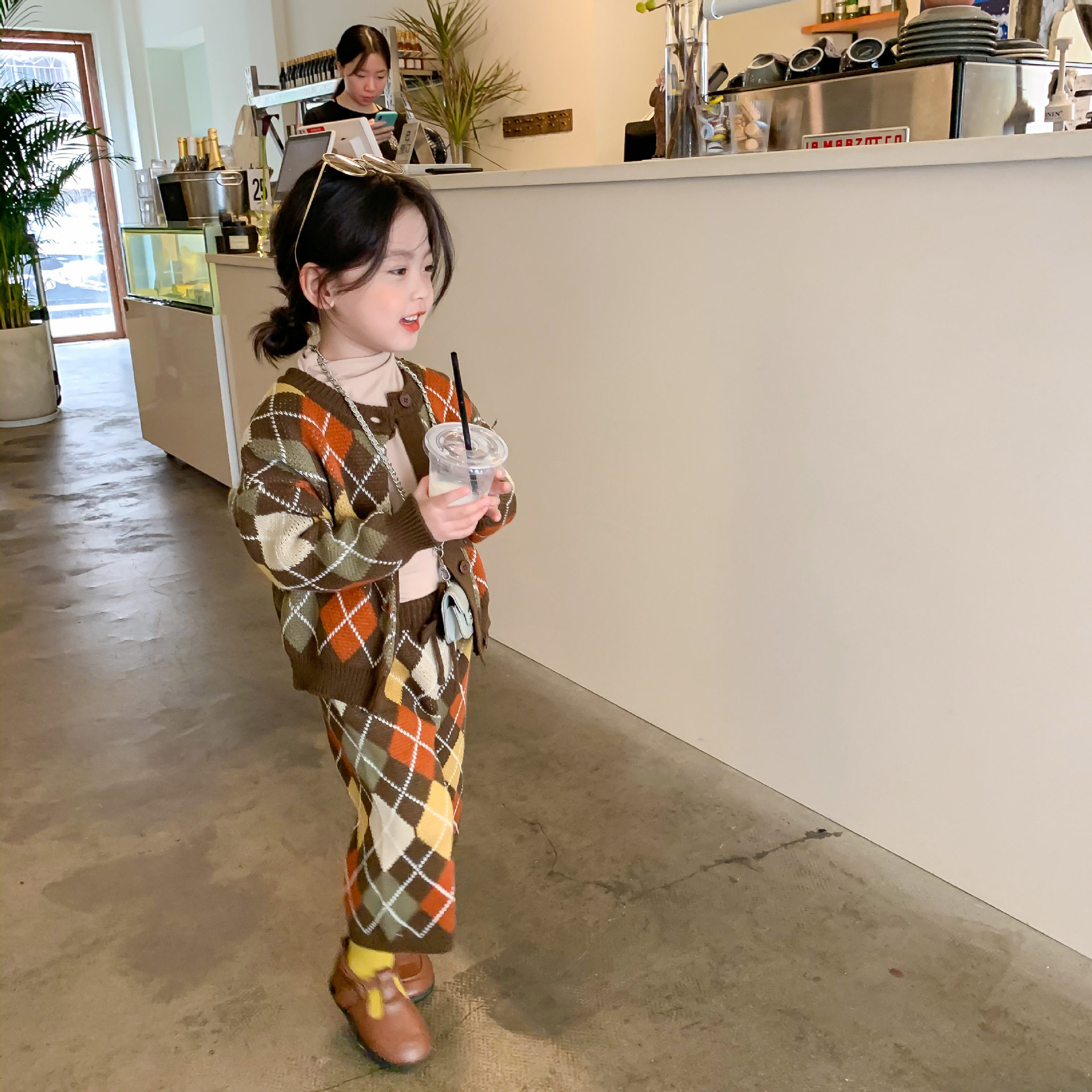 韩版秋冬新款儿童复古毛衣套装女童菱格两件套男童针织衫阔腿裤潮