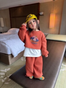 女童华夫格套装春秋儿童卡通印花卫衣阔腿裤宝宝韩版体闲两件套潮
