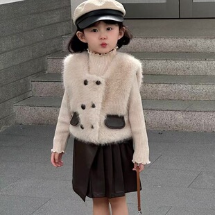 小女孩加厚皮草马甲时髦三件套女童秋冬毛衣加绒百褶裙洋气潮套装
