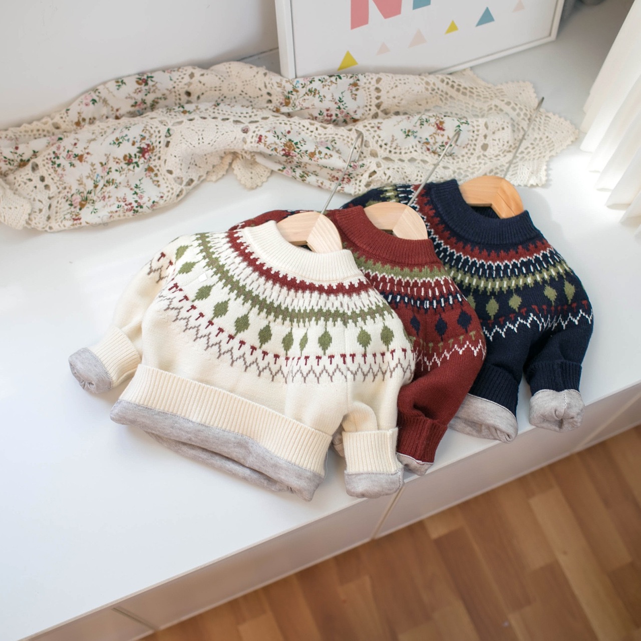 儿童费尔岛风加绒提花毛衣冬装女童保暖加厚新年红色针织毛线衣潮