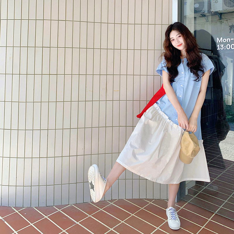 小清新蓝色衬衫连衣裙女2025超火文艺绝美宽松慵懒松弛感鱼尾长裙,女装连衣裙,2D116