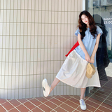 小清新蓝色衬衫连衣裙女2025超火文艺绝美宽松慵懒松弛感鱼尾长裙，女装连衣裙，2D116