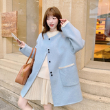 韩系浅蓝色蕾丝拼接双面呢羊毛大衣女秋冬2025新款温柔甜美风外套，女装毛呢外套，2D116