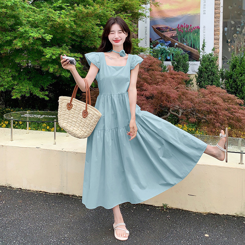 粉色飞飞袖方领连衣裙女夏季2025新款简约甜酷系桔梗法式显瘦长裙,女装连衣裙,2D116