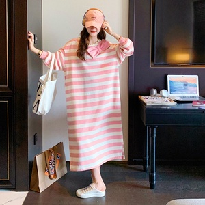 韩版俏皮减龄条纹连衣裙女2025秋秋季新款法式宽松显瘦Polo领长裙图片