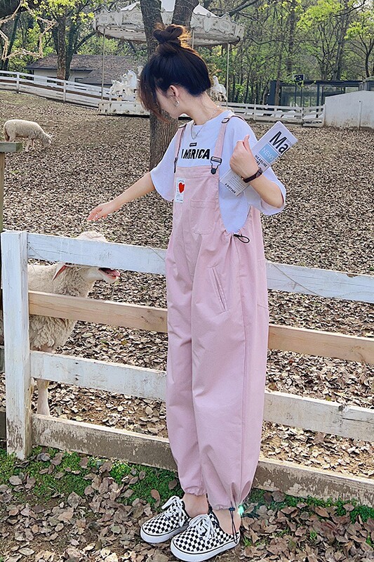 粉色日系背带裤女夏季2024新款可爱小个子宽松休闲显瘦薄款束腿裤,女装连体裤,2D116