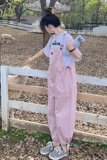 粉色日系背带裤女夏季2024新款可爱小个子宽松休闲显瘦薄款束腿裤，女装连体裤，2D116