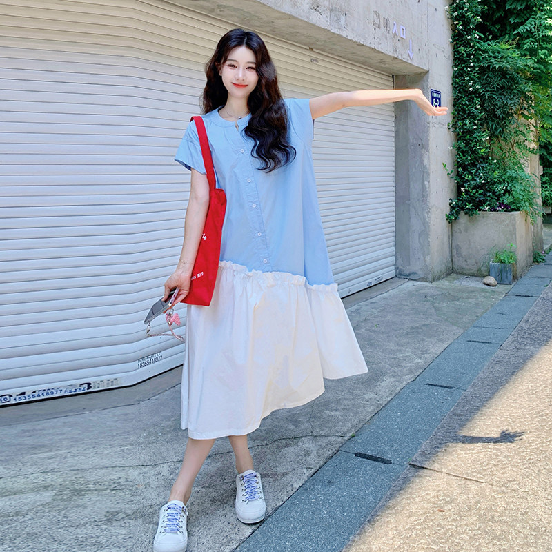 小清新简约连衣裙夏季2025新款女气质设计感拼接宽松不规则衬衫裙,女装连衣裙,2D116