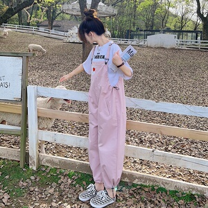 粉色日系背带裤女夏季2024新款可爱小个子宽松休闲显瘦薄款束腿裤图片