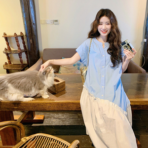 小清新简约连衣裙夏季2025新款女气质设计感拼接宽松不规则衬衫裙图片