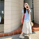 小清新蓝色衬衫连衣裙女2025超火文艺绝美宽松慵懒松弛感鱼尾长裙，女装连衣裙，2D116