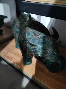 青铜水牛觥带铭文原大仿制工艺摆件收藏品洛阳英爵紫器铜莱马柏成
