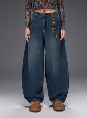 拓谷25秋冬美式弯刀牛仔裤女深蓝色阔腿裤立体廓形休闲长裤潮牌