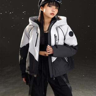 拓谷正品撞色冲锋衣女户外防风90白鸭绒羽绒服宽松连帽棉衣外套