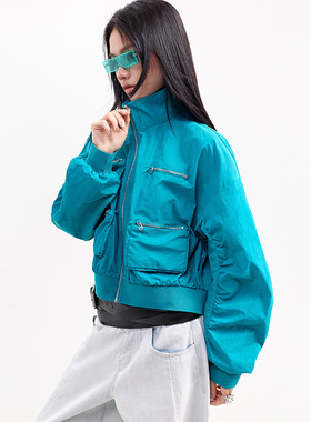 拓谷夏辣妹风立领短款外套女春季抽褶牛角袖宽松拉链夹克时髦上衣