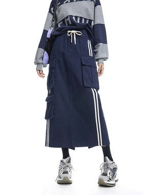 拓谷休闲潮牌多袋工装裙半身裙显高显瘦辣妹开衩长款裙子女30177