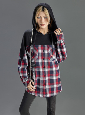 拓谷潮牌女装小众长袖衬衣格子衬衫女休闲连帽上衣30745