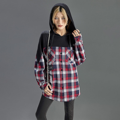 拓谷潮牌女装小众长袖衬衣格子衬衫女休闲连帽上衣30745