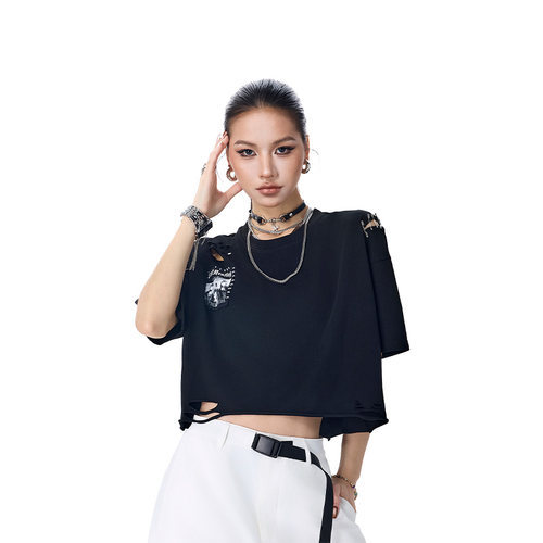 拓谷朋克破洞宽松落肩短袖T恤女