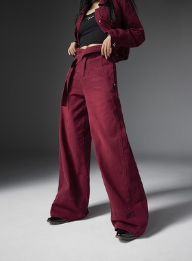 拓谷个性牌牌女装腰阔腿安可拉红牛仔裤拖地裤直筒休闲长裤40273