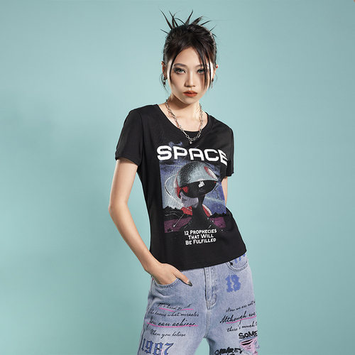 拓谷个性潮牌夏季合身上衣女装美式潮牌短袖t恤女朋克印花T恤修身