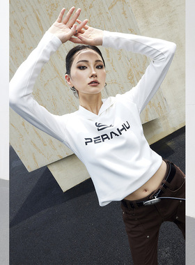 拓谷潮牌秋冬辣妹长袖打底衫女装设计感修身连帽短款上衣40340