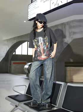 拓谷潮牌大版短袖t恤女24秋新款美式复古个性上衣宽松体恤Q40532