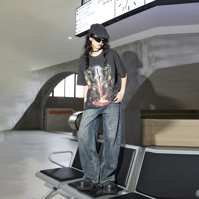 拓谷潮牌大版短袖t恤女24秋新款美式复古个性上衣宽松体恤Q40532