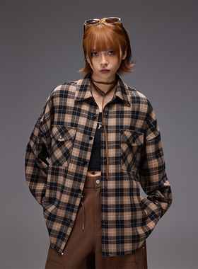 拓谷25秋季新款美式复古辣妹风简约格子衬衫女显瘦百搭休闲女外套