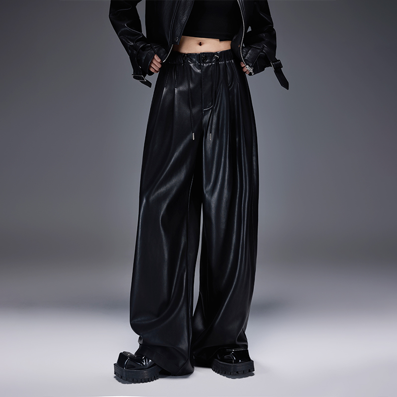 黑色PU皮阔腿裤女松紧腰垂感直筒