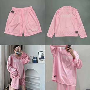 【现货】潮牌梵文印花樱花淡粉网眼运动冰球服长袖T恤套装男女款