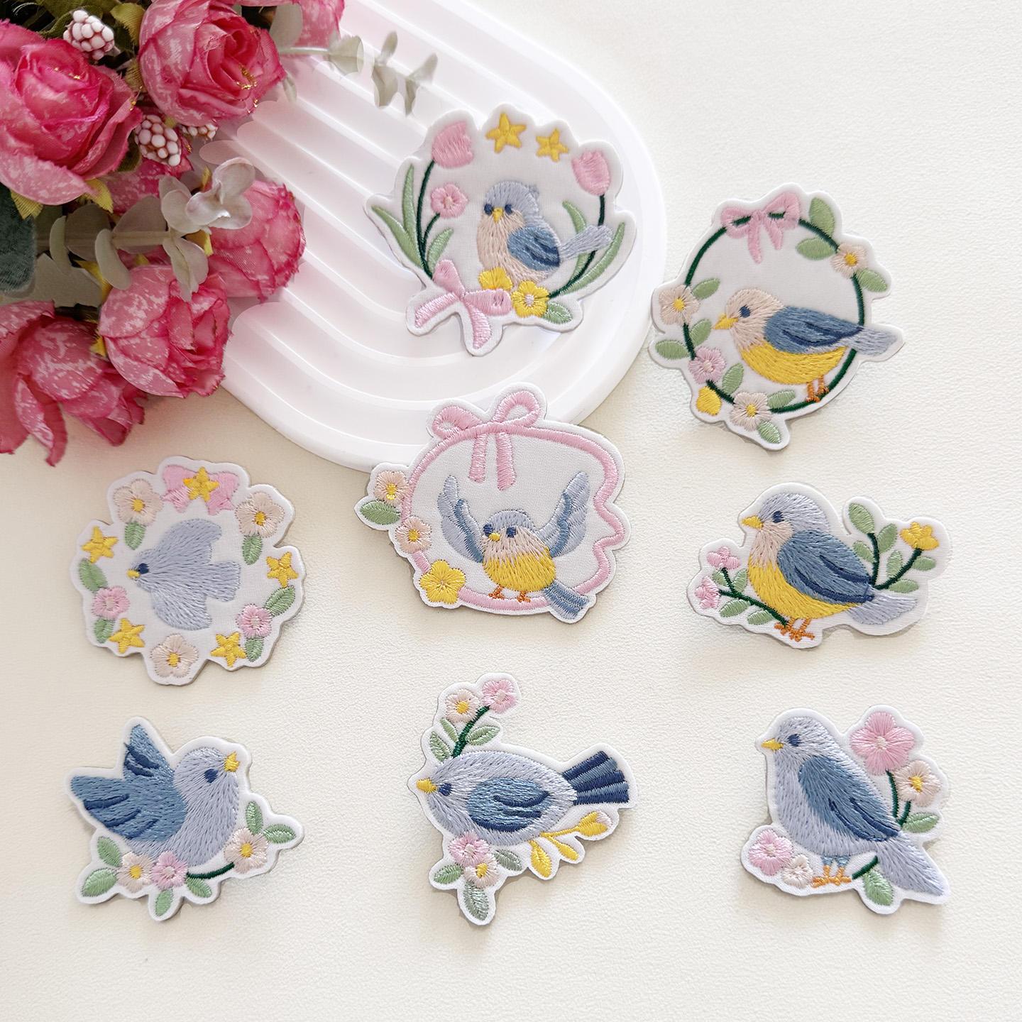 田园风刺绣小鸟布贴羽绒服补丁贴