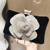 LOLIBOX超大水钻花山茶花丝绒手拿包旗袍复古小包女礼服晚宴会包