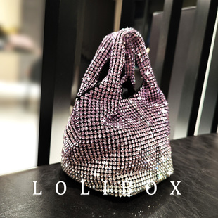 LOLIBOX定制大颗水钻渐变紫手提水桶包斜跨包女小包晚宴会礼服包