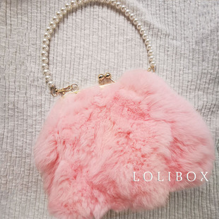 LOLIBOX真毛兔毛少女淡粉夹子小包手工珍珠手提包链条斜跨毛毛包