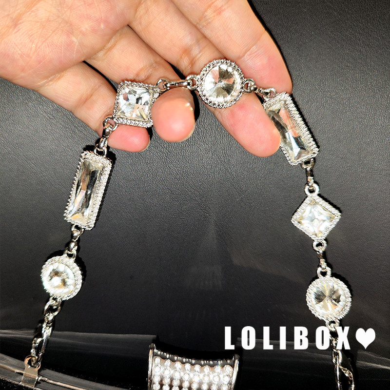 LOLIBOX新丝绒水钻合金链条手拿包女手提斜跨旗袍晚宴会礼服小包