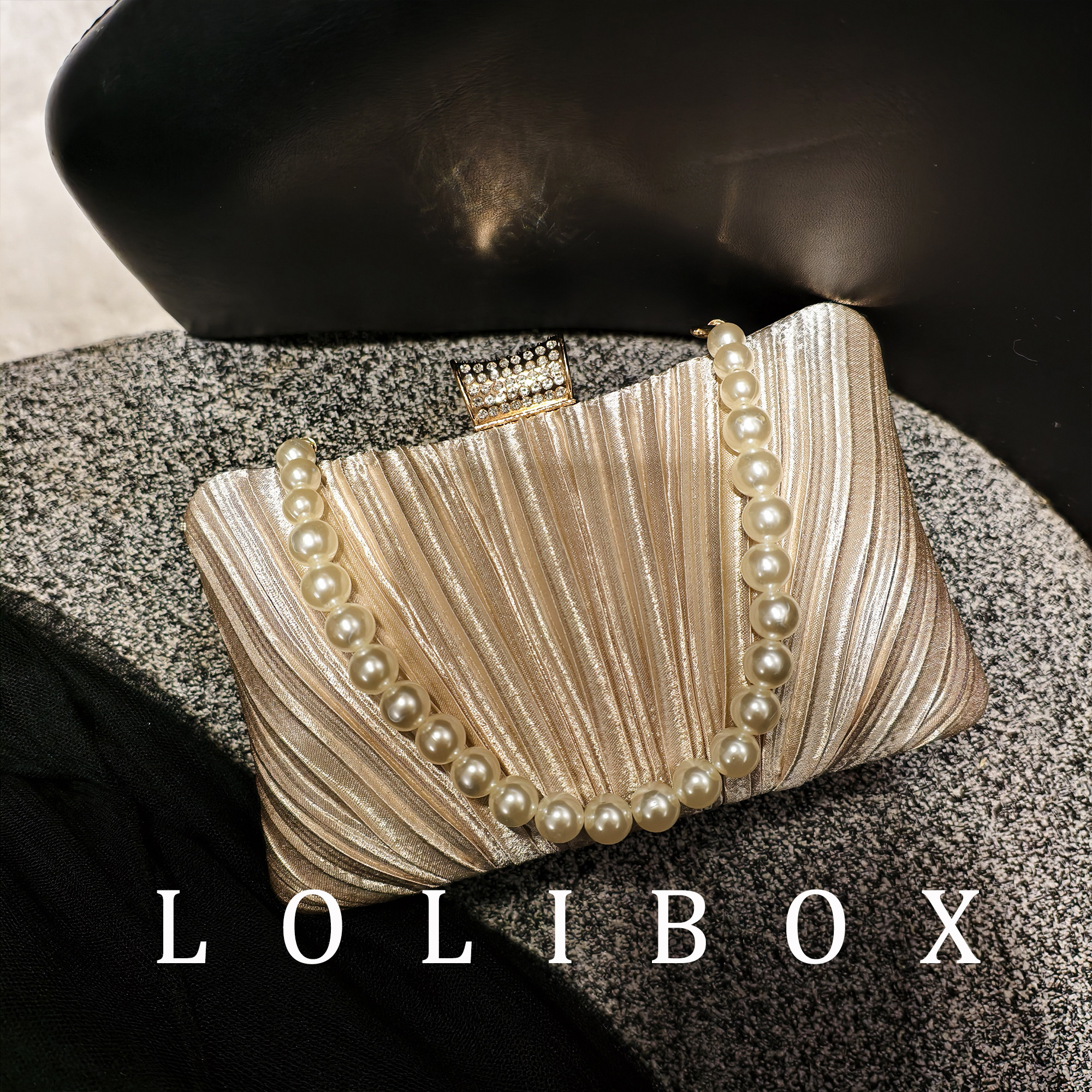 LOLIBOX缎面褶皱镶钻珍珠手提链条旗袍复古晚宴会礼服女小斜跨包